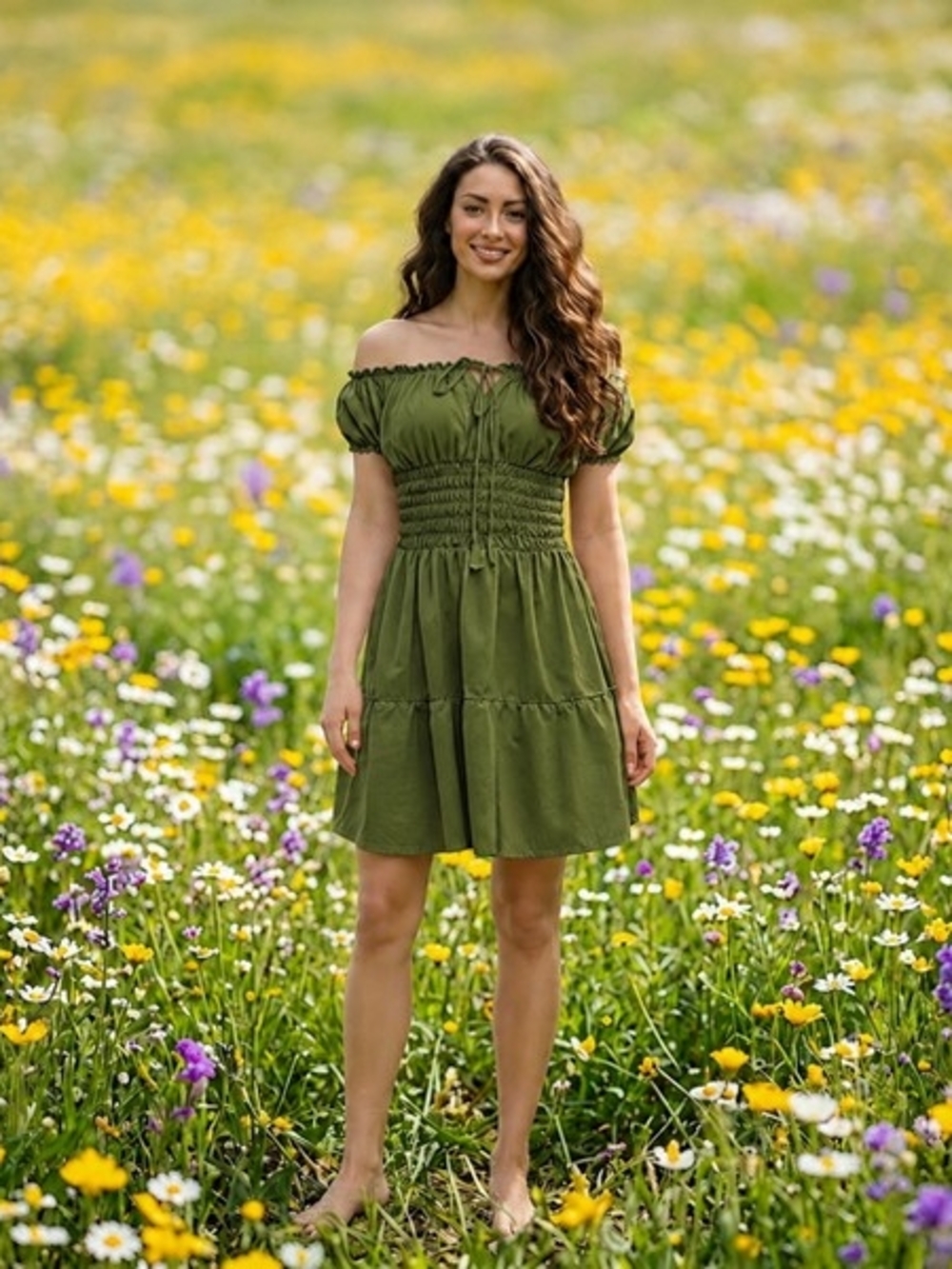 Off-Shoulder Olive Green Boho Smocked Blouse